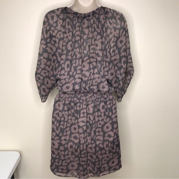 Express Leopard Print Semi Sheer Roll Tab Sleeve Gray Brown Dress Women's Small - Picture 4 of 12